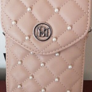 Bradley Mishka Quilted Tan Mini Crossbody Phone Bag with Faux Pearls. New
